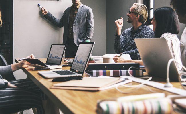 A scrum meeting at an agile software development company